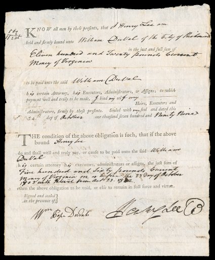 Lee, Henry Lighthorse Harry American soldier and politician (1756-1813) served with distinction during the Revolutionary War, earning his sobriquet from his fine horsemanship
later, Governor of Virginia father of Robert E. Lee. Partly printe