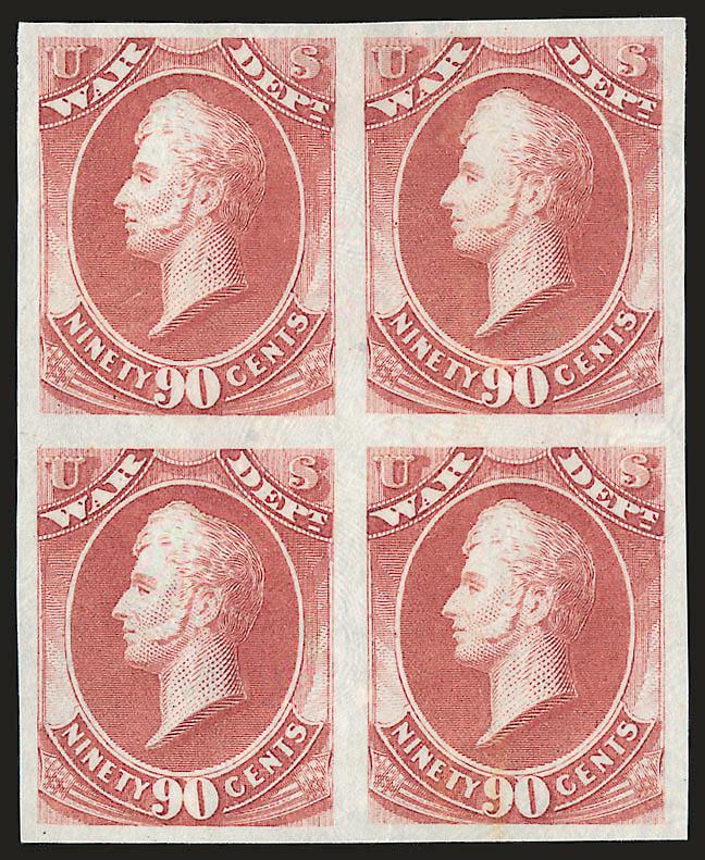 1c-90c War, Plate Proofs on India (O83P3-O93P3).> Blocks of four, 30c in darker color from a different printing, Extremely Fine