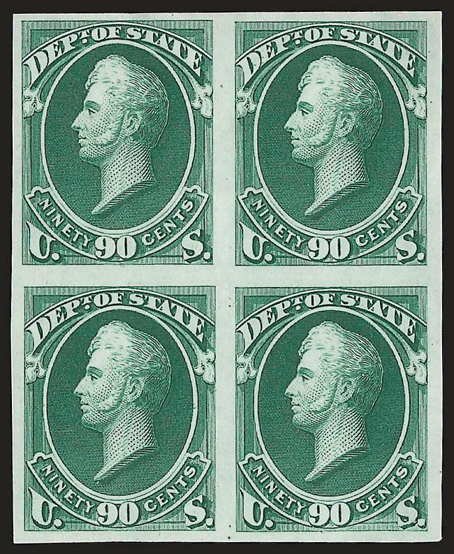 Official Issues, Plate Proofs on India.> 37 mostly different blocks of four, incl. complete Executive, largely complete State and War to 90c and 24c respectively, 7c Navy with full bottom imprint, also four
card proof blocks of four, Very Fine-Extrem