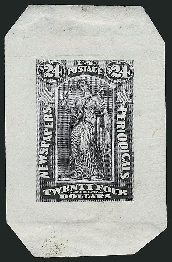 Newspapers & Periodicals, Die Proofs.> Six different items, incl. Nos. PR30P2a, PR76P1, PR106P2a-PR107P2a, PR10TC1 (Rose Lake) and PR81TC1 (Black), large dies various sizes ($24.00 with diagonal corners),
couple slight India paper flaws, generally Ve