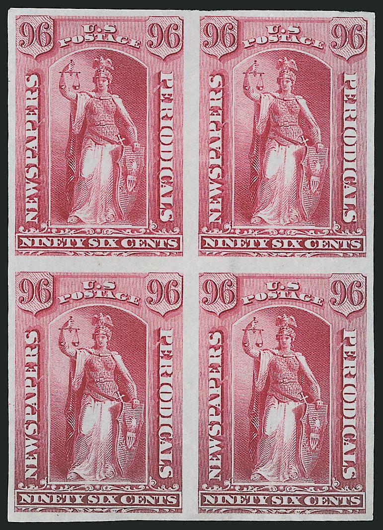 1c-96c 1885 Newspaper, Plate Proofs on India (PR81P3-PR89P3).> Blocks of four, two 60c light crease, otherwise Extremely Fine