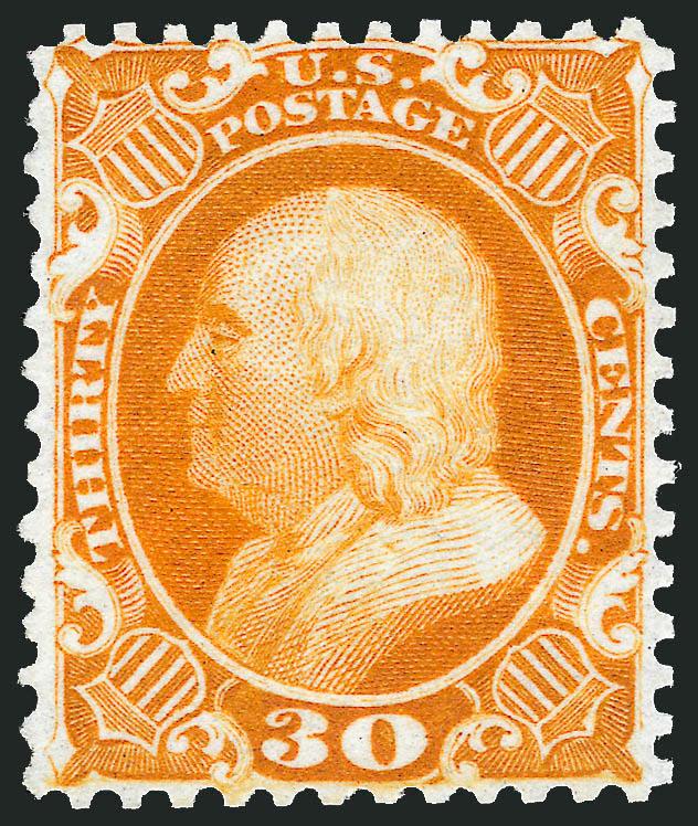 30c Yellow Orange, Reprint (46).> Without gum as issued, essentially perfectly centered with top perforations ever so slightly into outer frame line (usually cut in considerably), brilliant color<><>^VERY FINE
AND CHOICE. A REMARKABLY BEAUTIFUL EXA