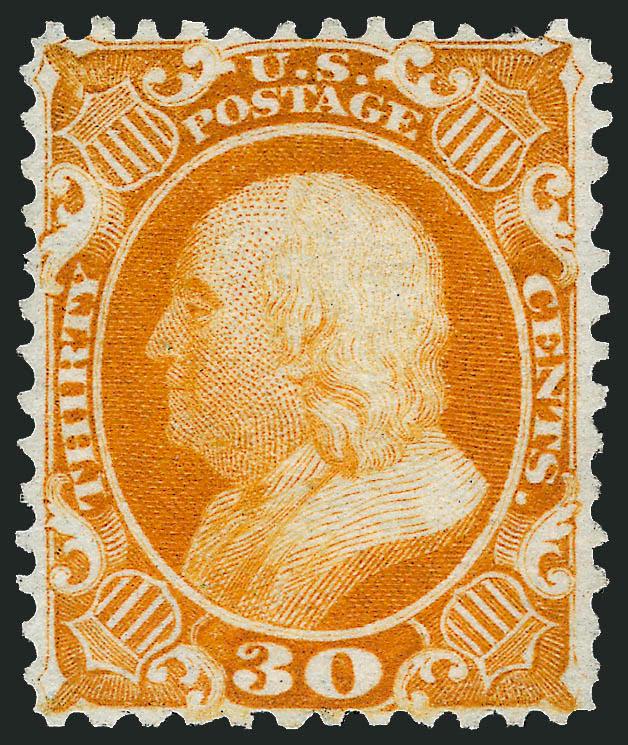 30c Yellow Orange, Reprint (46).> Without gum as issued, much better than typical centering, bright color<><>^VERY FINE AND CHOICE. A PARTICULARLY NICE EXAMPLE OF THE 30-CENT 1857 REPRINT.^<><>With 2005 P.S.E.
certificate, only 480 issued