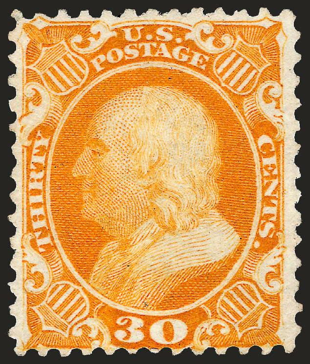 30c Yellow Orange, Reprint (46).> Without gum as issued, rather well-centered for this typically off-center reprint, brilliant color, faint corner margin crease at top left of little consequence, otherwise Very
Fine, only 480 issued, with 1976 P.F. c