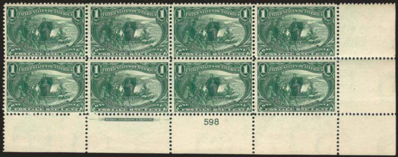 1c Trans-Mississippi (285).> Bottom right corner selvage imprint and plate no. 598 block of eight, deep rich color, naturally short gum at bottom, Fine-Very Fine