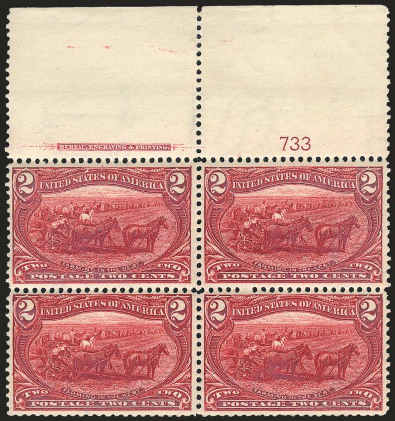 2c Trans-Mississippi (286).> Mint N.H. top imprint and plate no. 733 block of four with wide selvage, deep rich color, choice centering, fresh and Very Fine, a pretty plate block