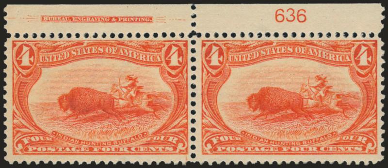4c-5c Trans-Mississippi (287-288).> Mint N.H. top imprint and plate no. pairs, bright colors, fresh and Fine-Very Fine