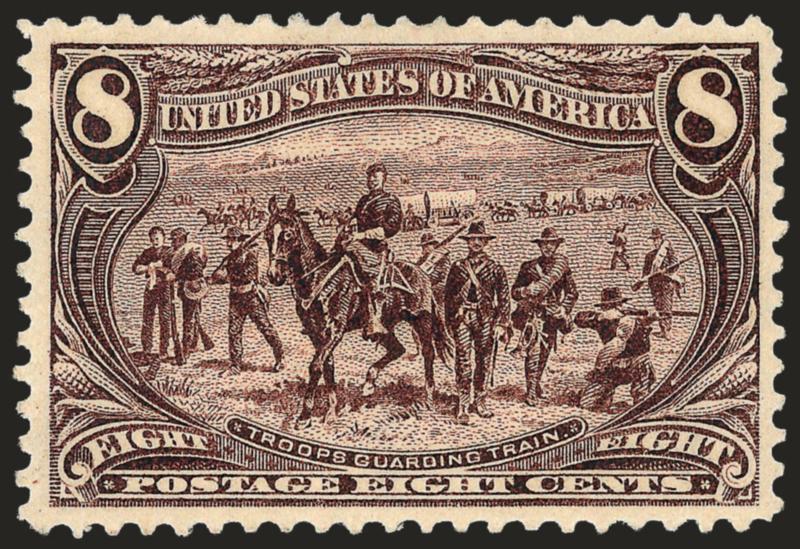 8c Trans-Mississippi (289).> Original gum, lightly hinged, unusually wide margins for this Trans-Mississippi value, rich color, exceptional centering, Extremely Fine, with 2007 P.S.E. certificate (XF 90 SMQ
$410.00)