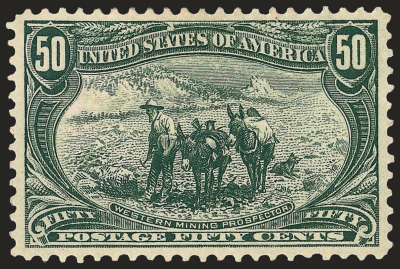 50c Trans-Mississippi (291).> Original gum, wide margins and almost precise centering, rich color, Extremely Fine, with 2008 P.S.E. certificate (XF 90 SMQ $1,400.00)