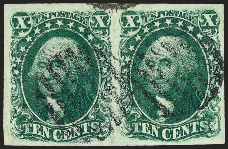 10c Green, Ty. III (15).> Horizontal pair, large margins, deep rich color, grid cancels, Extremely Fine, backstamped Calves, with 1987 P.F. certificate