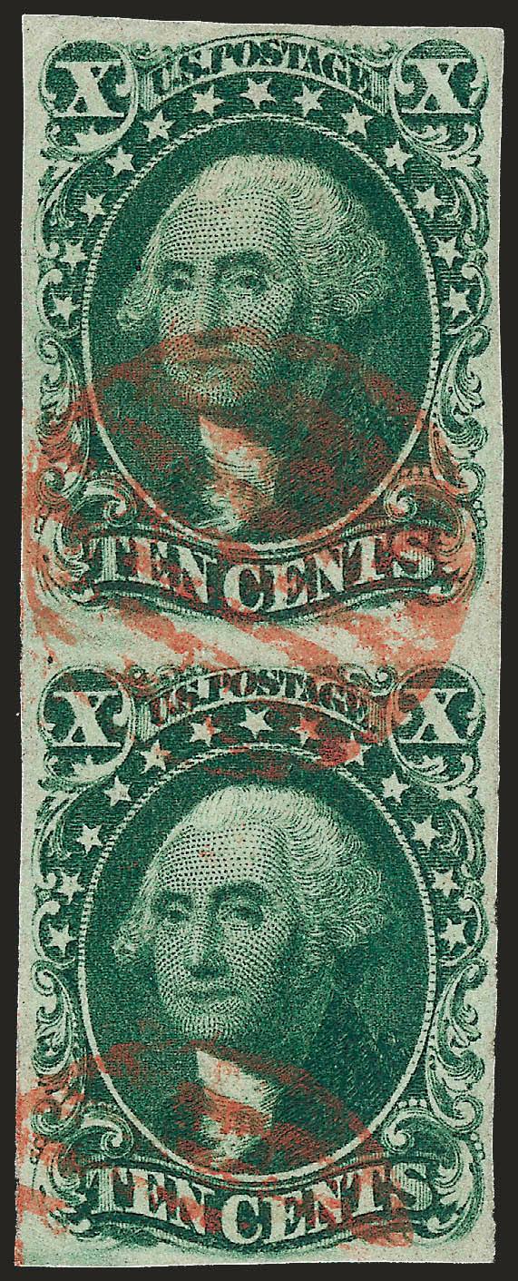 10c Green, Ty. IVII (1614).> Positions 313R1, vertical pair, top stamp recut at top, full even margins, rich color complemented by <bright red grids> cancels, couple faint diagonal creases at upper right,
invisible on the face of the stamp, otherw