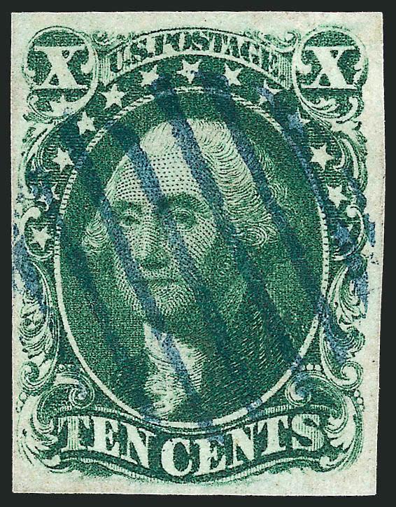 10c Green, Ty. IV (16).> Position 65L1, recut at top, full to ample margins, rich color on bright paper, cancelled by perfect strike of <blue rimless grid,> Very Fine and choice, a handsome example of the 10c
1855 Type IV with a colored cancel, with