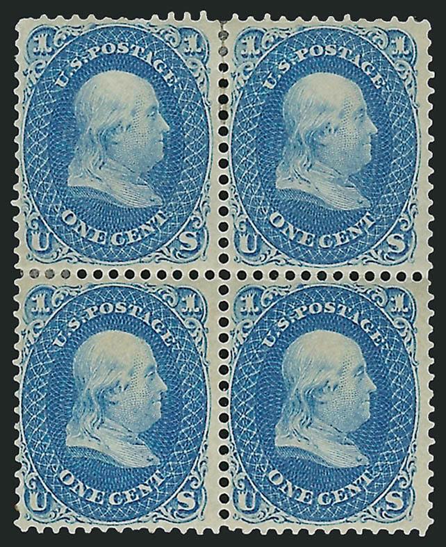1c Blue (63).> Block of four, original gum, small h.r. at top where few minor perf separations, bottom left stamp single perf with light stain, otherwise Fine-Very Fine, with 2003 P.F. certificate