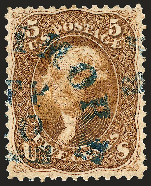 5c Buff (67).> Deep rich color and proof-like impression nicely complemented by <blue Baltimore datestamp,> well-balanced margins for this narrowly-spaced issue, Very Fine and choice, a stamp of great visual
appeal, with 2002 P.F. certificate