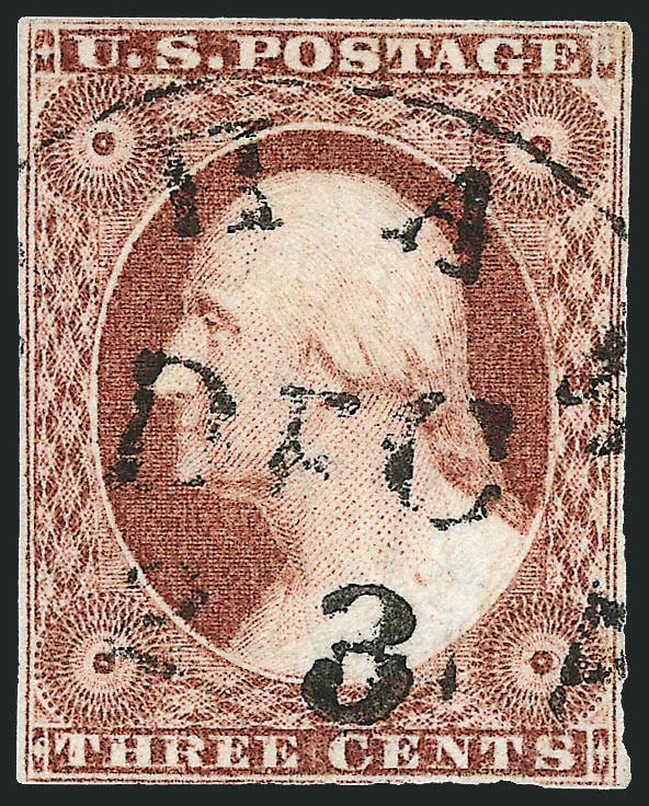 3c Plum, Ty. II (11A var).> Position 24L2L, large margins to barely touched, unusually deep shade of this distinctive variety, neat strike of circular datestamp, Very Fine and choice, a wonderful example of this
rare shade, ink plating note on back f