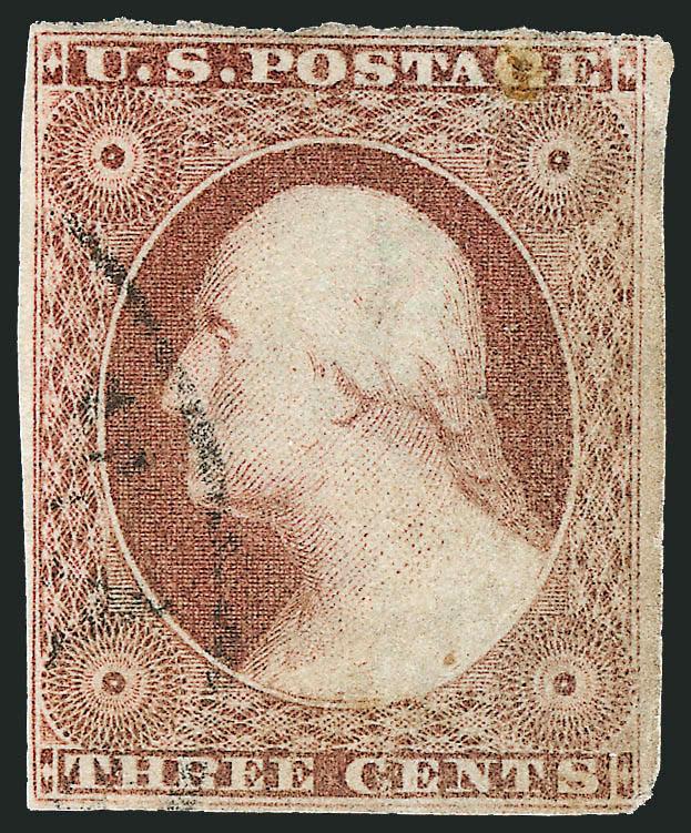 3c Plum, Ty. II (11A var).> Position 76L2L, huge margins to clear, intense shade, neat strike of circular datestamp, light corner crease and toned spot at top right, Fine appearance, for some reason the newly
expanded Scott Catalogue does not list th
