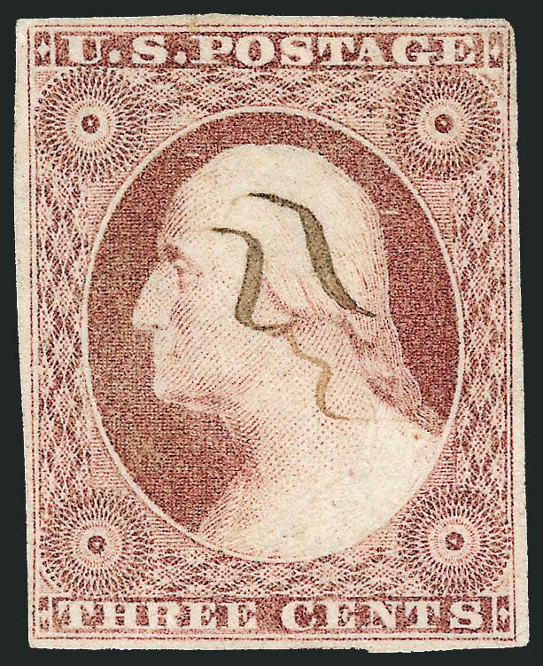 3c Plum, Ty. II (11A var).> Large margins to full, towards the brighter end of the spectrum, large margins to clear, neat ms. cancel, tiny corner crease at top left and tiny thin speck at top center, Very Fine
appearing example of this rare shade, fo
