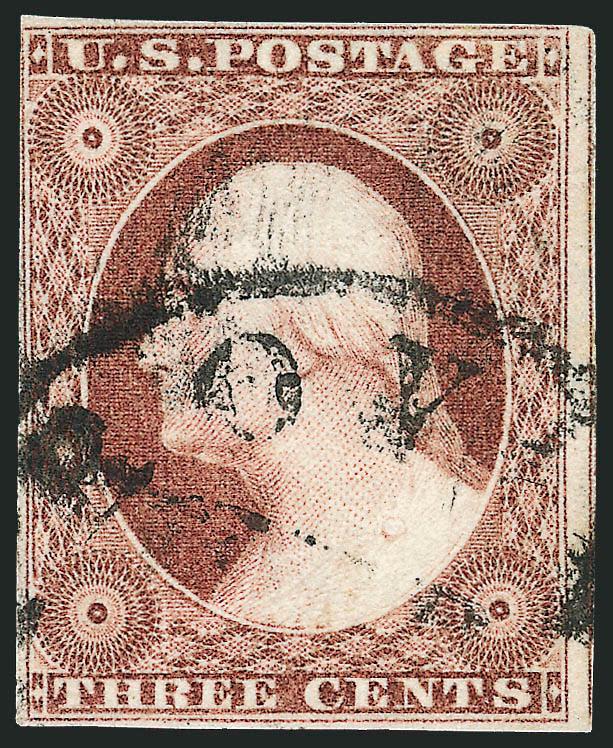3c Plum, Ty. II (11A var).> Position 57R3, large margins to barely in incl. part of adjoining stamp at right, bold strike of circular datestamp, rich color, fresh and Fine example of this rare shade, for some
reason the newly expanded Scott Catalogue