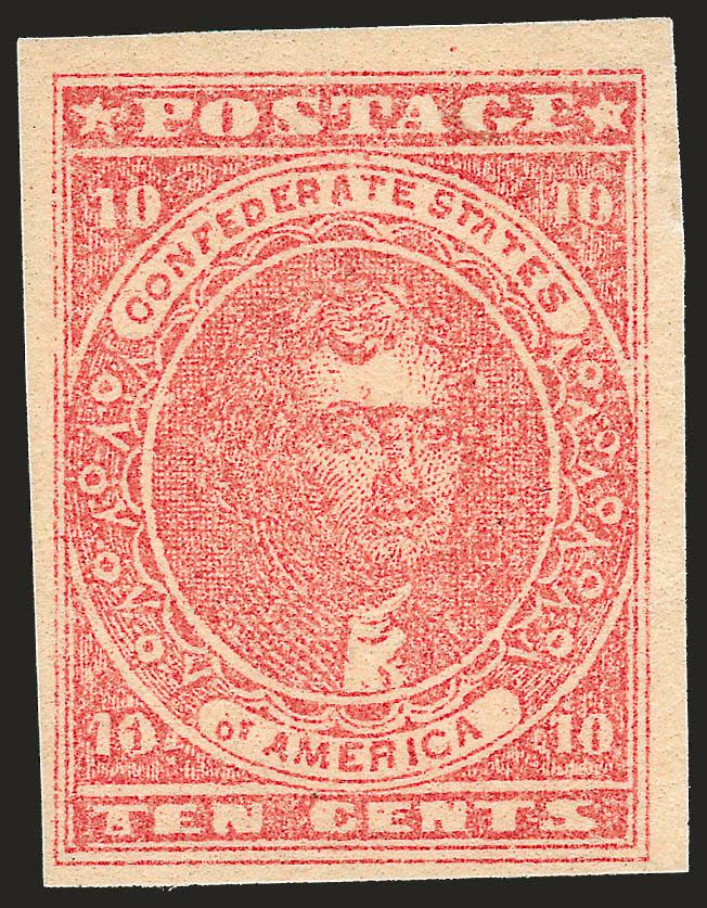 10c Rose (5).> Original gum, ample to large margins, bright shade on fresh paper<><>^VERY FINE AND CHOICE. THE 10-CENT ROSE LITHOGRAPH IS SELDOM ENCOUNTERED IN SOUND ORIGINAL-GUM CONDITION. VERY FEW ARE OF THIS
OUTSTANDING QUALITY.^<><>With 2006