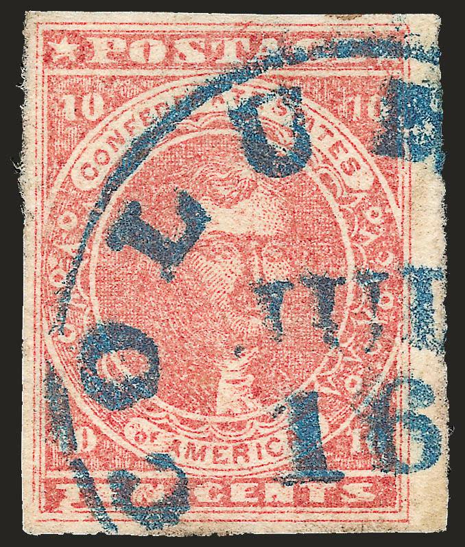 10c Rose (5).> Ample to large margins, bright color, cancelled by <blue> Columbia S.C. Jul. 16 circular datestamp, pinhole not mentioned on certificate, otherwise Very Fine, with 2002 P.F. certificate