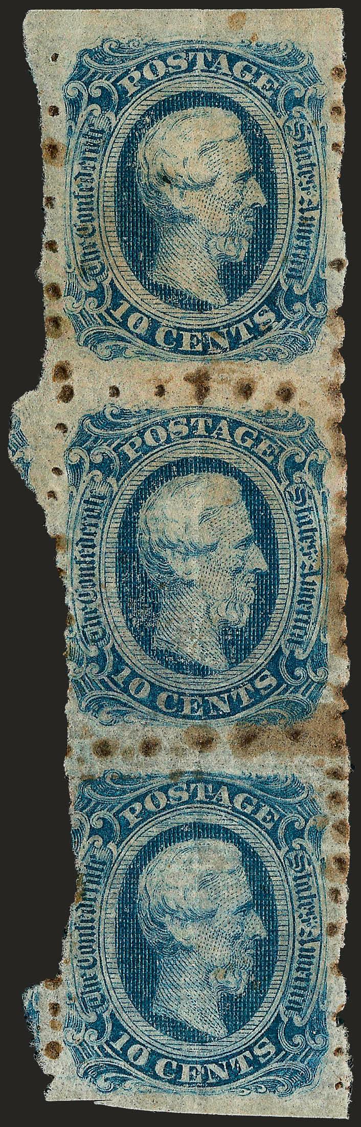 10c Blue, Die A, Private Perf 8 (12 var).> Vertical strip of three with perf holes between stamps and partly around, original gum, which soaks thru perfs, creased and minor faults, still a Fine and extremely
rare privately perforated multiple