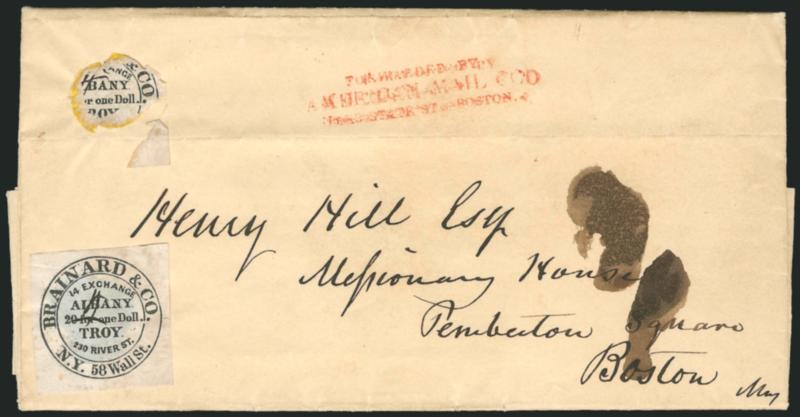 Brainard & Co., New York-Albany-Troy, 5c Black (24L1).> Huge square margins, affixed with wafer, ms. T cancel (not tied), a remnant of a second stamp affixed to wafer at upper left, used on July 26, 1844 folded
letter from Troy to Boston, no Braina