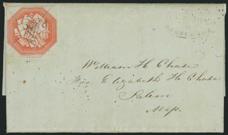 Hale & Co., 5c Red on Bluish (75L2).> Large margins all around, beautiful intense shade and impression, ms. AB (Amos Bates, Hales agent) control mark, clear Paid straightline cancel (impression ties thru
paper), pencil X cancel just ties corne