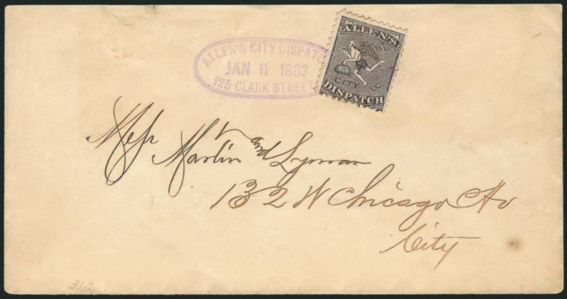 Allens City Dispatch, Chicago Ill., (unstated value) Black (3L2).> Tied by purple Allens City Dispatch, 125 Clark Street, Jan. 11, 1883 double-line oval datestamp and Eagle fancy cancel on cover to local street
address, small tear at top edge, Ve