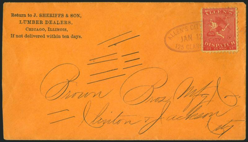 Allens City Dispatch, Chicago Ill., (unstated value) Red on Yellow (3L3).> Tied by purple Allens City Dispatch, 125 Clark Street, Jan. 12, 1883 double-line oval datestamp (Eagle fancy cancel struck off edge) on
buff cover to local street address
