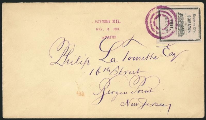 Bayonne City Dispatch, Bayonne City N.J., 1c Black (9L1).> Large margins to touched at top, tied by purple target, matching Bayonne City, May 13, 1883, Dispatch Paid three-line datestamp on cover to La Tourette
in Bergen Point N.J., stamp has small