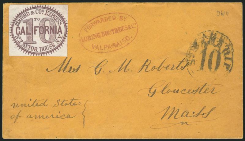 Berford & Co.s Express, New York N.Y., 10c Violet (11L3).> Attractive well-balanced margins just touching or barely into tips of sawtooth points, uncancelled and affixed to buff cover to Gloucester Mass., neat
strike of red Forwarded by Loring Bros