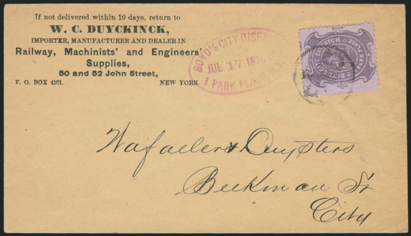 Boyds City Dispatch, New York N.Y., (1c) Violet on Lilac Laid Paper (20L35).> Tied by Paid in circle, purple Boyds City Dispatch, 1 Park Place, N.Y. Jul. 17, 1878 oval datestamp on importers advertising cover
to local street address, Extremely