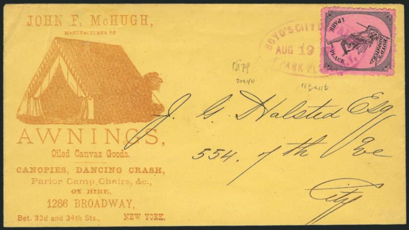 Boyds Dispatch, New York N.Y., (unstated value) Black on Crimson, Pink, Blue (20L43, 20L44, 20L45, 20L46).> Each on separate cover and tied by purple oval Boyds datestamp to local street address, No. 20L44 on
illustrated awning dealers corner card