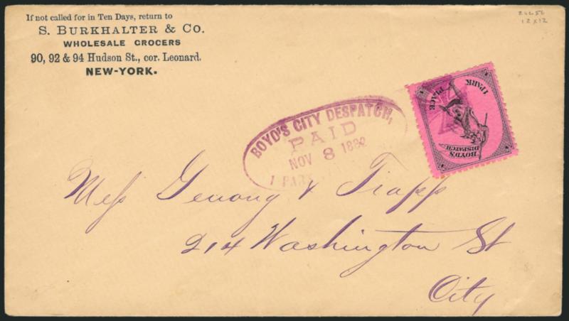 Boyds Dispatch, New York N.Y., (unstated value) Black on Pink, Blue (20L53, 20L55, 20L56).> Two each of first and last, each tied on cover to local street address, fresh and Very Fine group, Scott Retail
$675.00