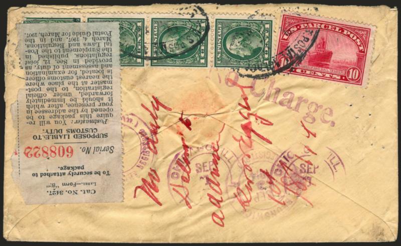 10c Parcel Post (Q10).> Used with 1c Green (374), vertical strip of four, tied on back of registered cover by <U.S. Postal Agency, Shanghai, China oval> datestamp to New Brunswick N.J., with Shanghai Dispensary
corner card, purple <Suspected, Liab