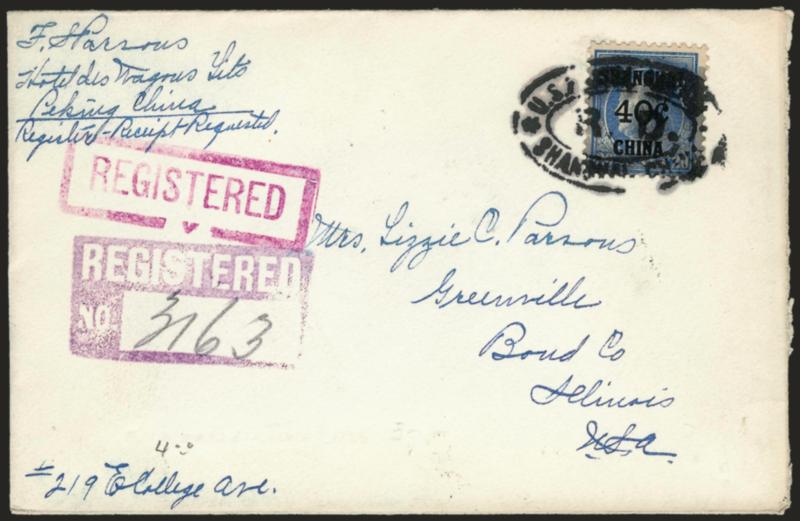 40c on 20c Offices in China (K13).> Tied by <U.S. Postal Agency Shanghai, China R.D.> oval handstamp on registered cover to Greenville Ill., purple U.S. Postal Agency Shanghai (China) Nov. 3, 1922, Chicago and
receiving backstamps, original regis