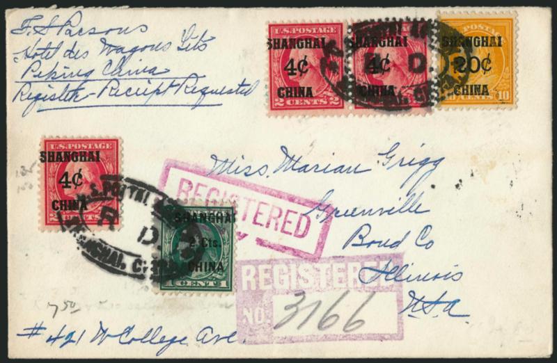 2c on 1c Offices in China (K17).> Used with three 4c on 2c (K2) and 20c on 10c (K10), tied by U.S. Postal Agency, Shanghai, China, R.D. oval handstamps on registered cover to Greenville Ill., purple U.S. Postal
Agency, Shanghai (China) Nov. 3, 192