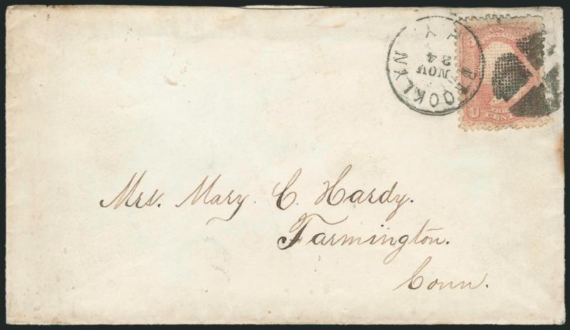 3c Rose, C. Grill (83).> Choice centering, clearly-defined grill, tied by quartered cork and by Brooklyn N.Y. Nov. 24 circular datestamp on cover to Farmington Conn., stamp and cover with some soiling, cover
expertly repaired, otherwise Fine