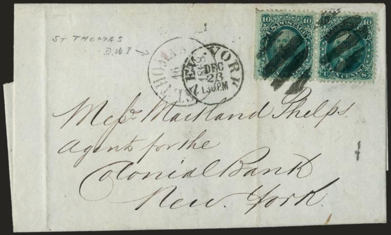 10c Green, E. Grill (89).> Horizontal pair, clearly-defined grills, natural s.e. at left, tied by large grids on folded cover with <St. Thomas, 1612 1868> circular datestamp to New York, cancelled on arrival by
New York Dec. 23 1.30PM circular d