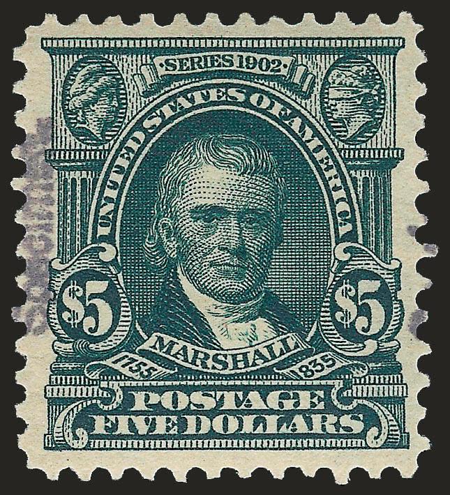 $5.00 Dark Green, Specimen Ovpt. (313S-E).> Well-centered, barely hinged with wonderful deep rich color, Very Fine and choice, with 1992 P.F. certificate