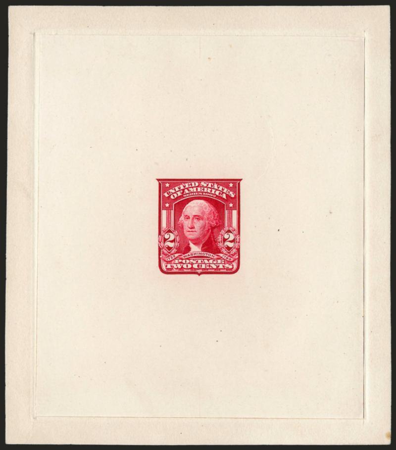 2c Carmine, Ty. I, Large Die Proof on India (319P1).> Die sunk on 3-12 x 3-78 in. card, Extremely Fine, with 1936 Clarence Brazer letter wherein he states that there are four known of this large die, two of
which are Officially Approved