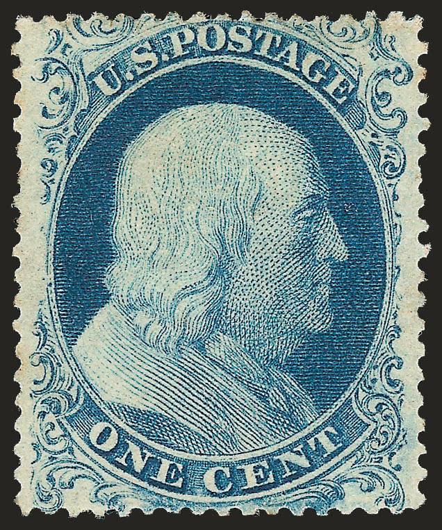 1c Blue, Ty. I (18).> Plate 12, original gum, lightly hinged, rich color, almost perfectly centered with wide margins at sides and clearly showing the characteristics of the type<><>^EXTREMELY FINE GEM. A
SUPERB ORIGINAL-GUM EXAMPLE OF THE 1857 PER