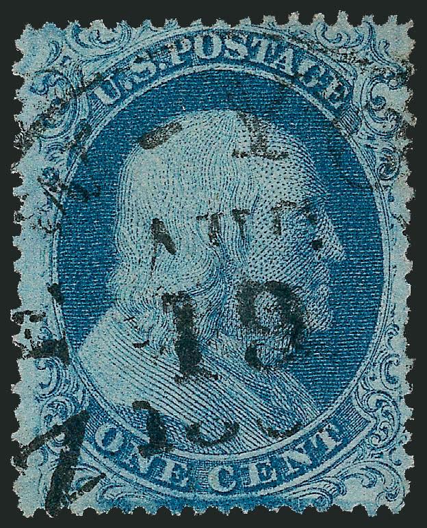 1c Blue, Ty. I (18).> Beautifully centered, bright Plate 12 color with typical mottling, neat New York circular datestamp, couple slightly nibbed perfs at right (not mentioned on certificate), otherwise
Extremely Fine, with 2008 P.S.E. certificate