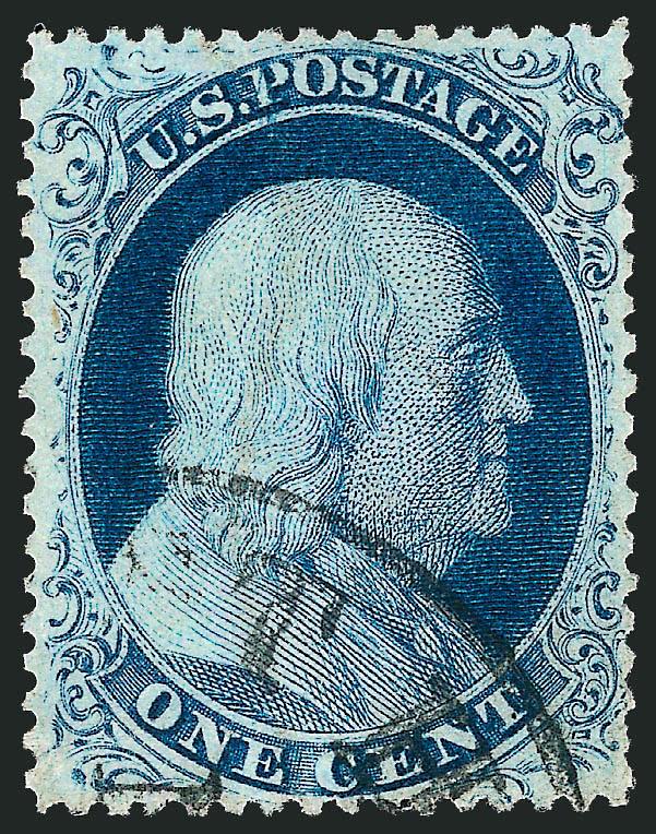 1c Blue, Ty. III (21).> Position 69L4, deep rich color on bright paper, unusually choice centering for this difficult issue, face-free cancel<><>^EXTREMELY FINE. A BEAUTIFUL USED EXAMPLE OF THE 1857 ONE-CENT
TYPE III, WHICH CLEARLY SHOWS THE CHARAC