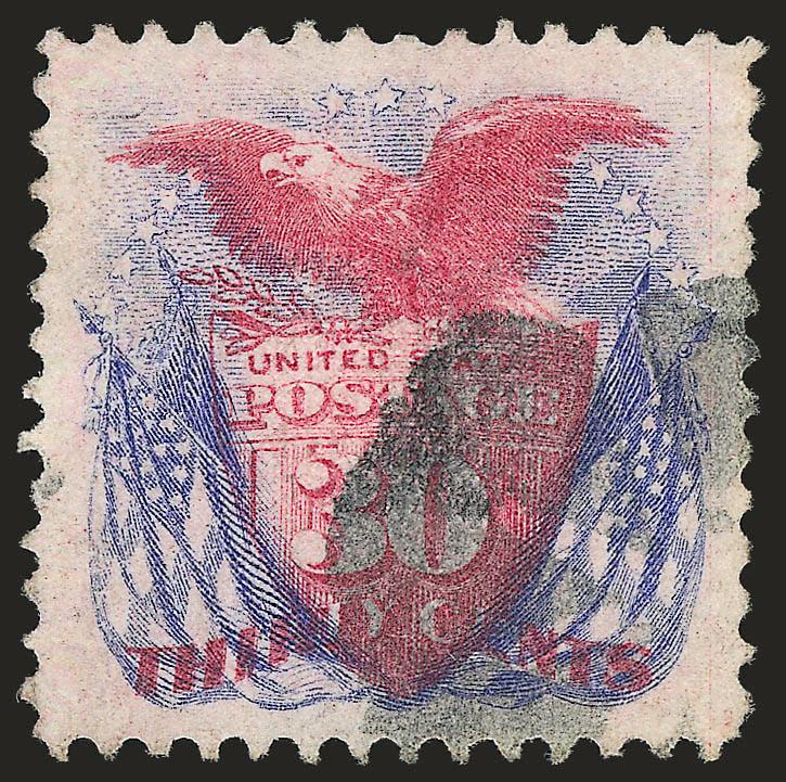 30c Ultramarine & Carmine (121).> Bright colors, exceptionally wide margins all around, neat cork cancel, most recent certificate notes a tiny thin at left at the 5th perforation up from the bottom
(infinitesimal in our view), appears Extremely Fine,