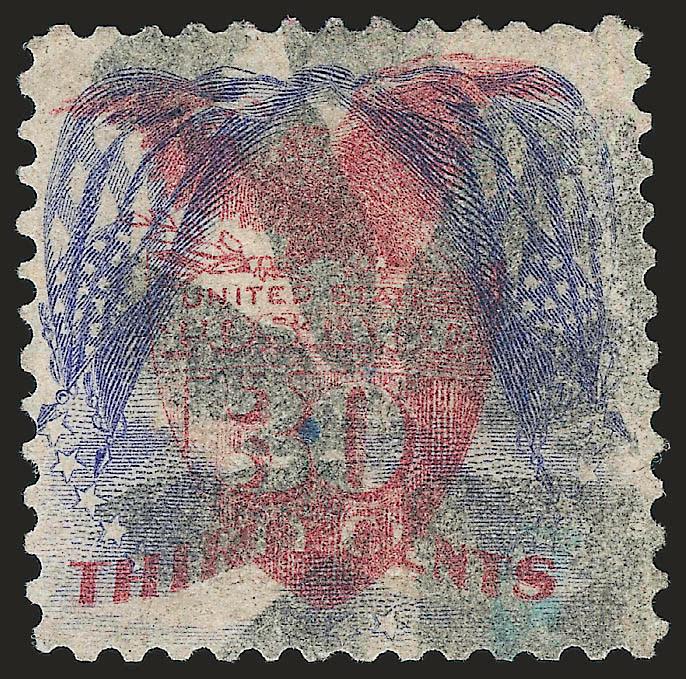 30c Ultramarine & Carmine, Flags Inverted (121b).> Cork cancel, bright color, flaws incl. thin spots, small repairs and reperfed at left and bottom<><>^FINE APPEARANCE. A RARE AND PRESENTABLE EXAMPLE OF THE
30-CENT 1869 PICTORIAL INVERT.^<><>Our
