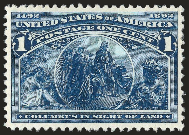 1c Columbian (230).> Mint N.H., deep rich color and proof-like impression on bright paper, wide and balanced margins, Extremely Fine, a pretty stamp, with 2008 P.S.E. certificate (XF-Superb 95 SMQ
$600.00)