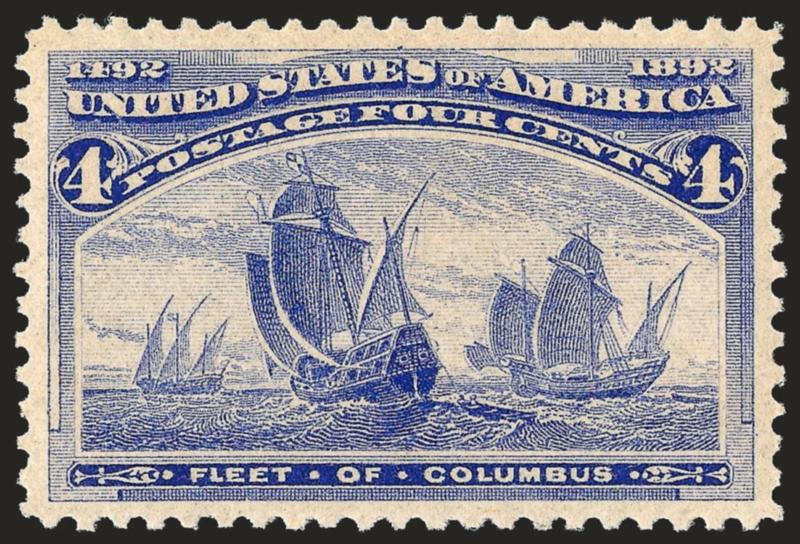 4c Columbian (233).> Mint N.H., brilliant color on bright paper, perfectly centered with wide and balanced margins<><>^EXTREMELY FINE GEM. A SUPERB MINT NEVER-HINGED EXAMPLE OF THE 4-CENT COLUMBIAN ISSUE WHICH
HAS BEEN GRADED SUPERB 98 BY P.S.E.^<