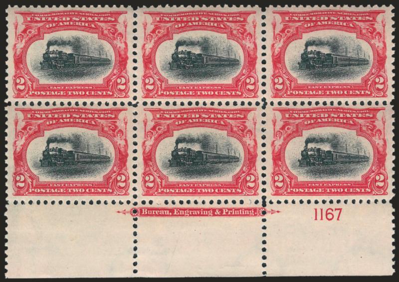 2c Pan-American (295).> Mint N.H. bottom imprint and plate no. 1167 block of six, intense colors, well-balanced margins, fresh and Extremely Fine, with 2008 P.S.E. certificate