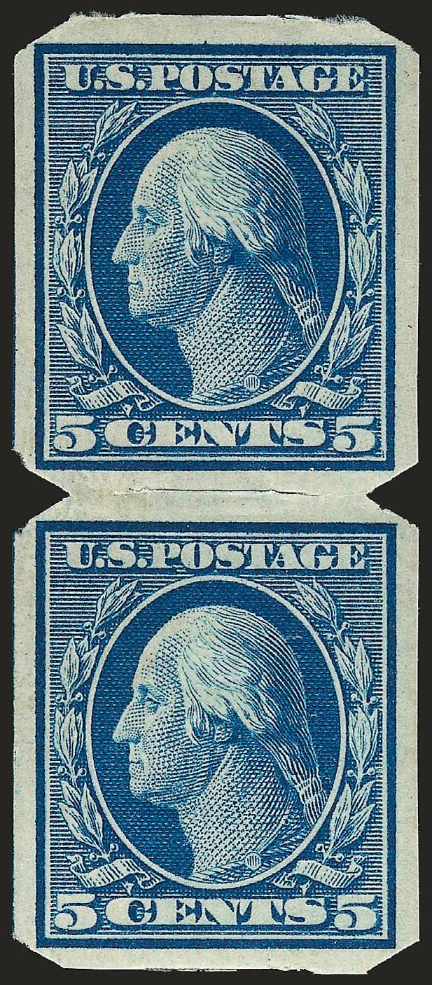 1c-5c 1908-12 Issues, U.S. Automatic Vending Co. Ty. I (343-347, 383-384, 408-409).> 17 items, some Mint N.H., pairs or strips of four, incl. guide lines and paste-ups, No. 408 paste up with plate no., Very
Fine lot which is extremely difficult to fi